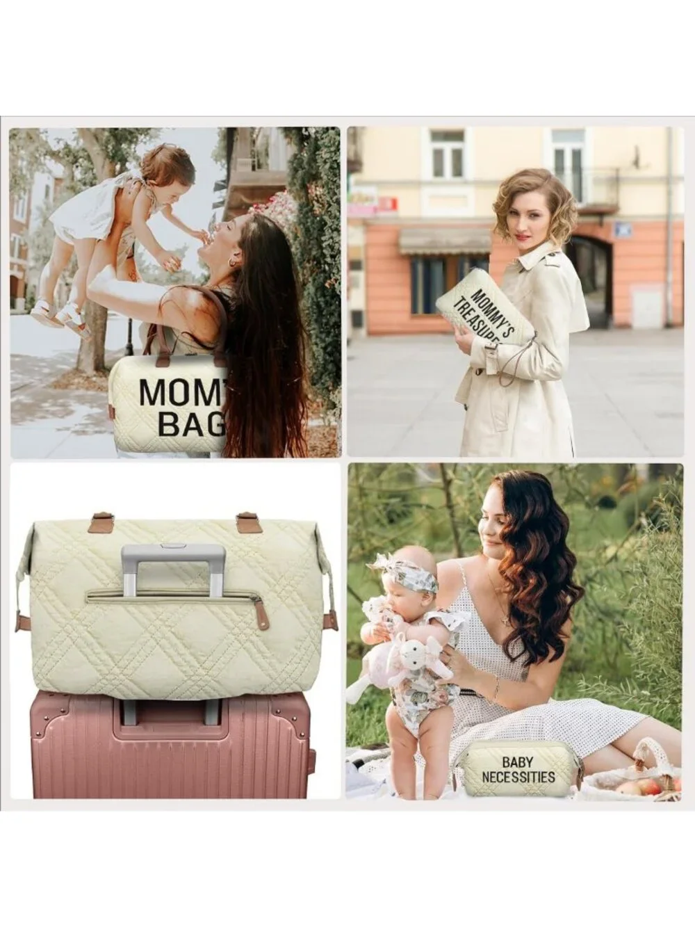 Large Quilted Diaper Tote Bag with 2 Organizers - Stylish Baby Care Travel Bag